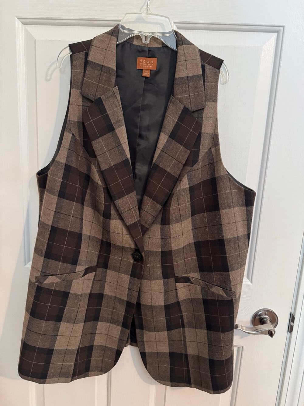 Lane Bryant Icon Collection Brown Plaid Long Blazer Vest Lined Office Plus 24